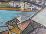 drawing of a woman sitting on a dock with a boat in the background