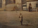 a painting of a man standing in front of a building