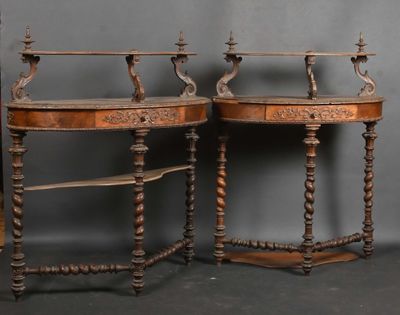pair of antique wooden side tables with carved top and turned legs