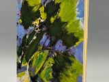 an image of a painting of green leaves on a blue background