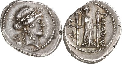 a silver coin with an image of a woman and a man on it