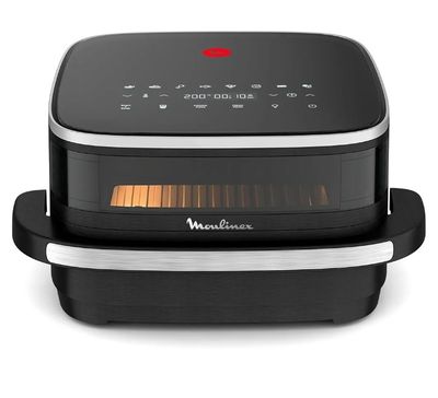 une friteuse à air chaud noire et argentée posée sur un plan de travail blanc