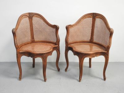 paire de chaises anciennes françaises à dossier en rotin, avec assises en rotin