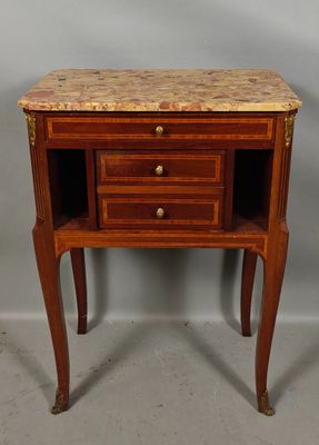 a small wooden table with a marble top and two drawers