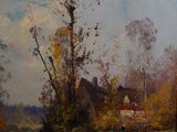 a painting of a farm scene with a stream running through it