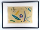painting of abstract shapes and lines in a black frame on a white wall
