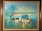 une peinture à l'huile représentant un paysage avec des maisons et des arbres au premier plan