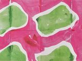 pink and green abstract painting with white squares on a pink background