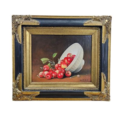 framed oil painting of cherries and a bowl of cherries on a table