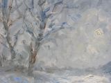 an oil painting of a snowy landscape with trees in the foreground