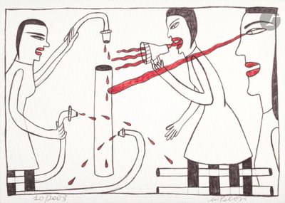 dessin représentant une femme qui se brosse les dents devant un miroir tandis qu'une autre femme se brosse les dents