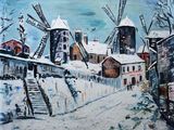 une peinture à l'huile représentant une ville enneigée avec des moulins à vent en arrière-plan