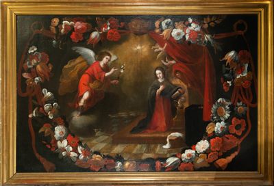 an image of a painting of an angel and a woman surrounded by flowers