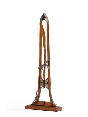 a pair of skis that are on display on a stand