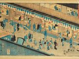 une image représentant un tableau où l'on voit des personnes se promener autour d'un bâtiment