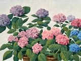 a painting of a potted plant with pink and blue flowers