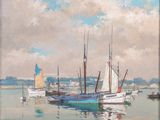 a painting of boats in the water on a cloudy day