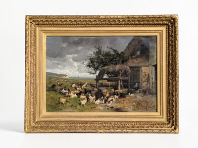 an oil painting of a farm scene with chickens and a barn