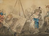 dessin représentant un groupe de personnes rassemblées autour d'un tableau posé sur un chevalet