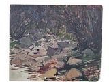 a picture of a painting of rocks and trees