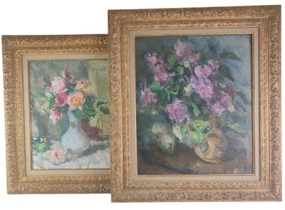 two paintings of flowers in a vase and a vase of flowers
