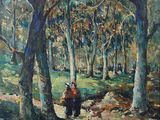 une peinture à l'huile représentant deux personnes se promenant dans un bois