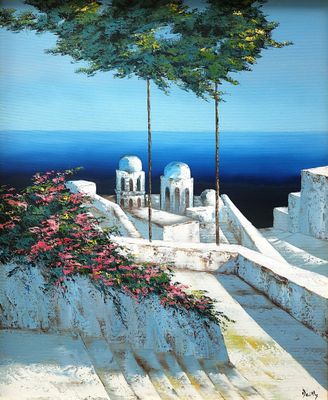 an oil painting of a stairway leading to a white building with a blue dome