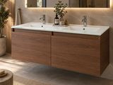 two sinks in a bathroom with a large mirror above them