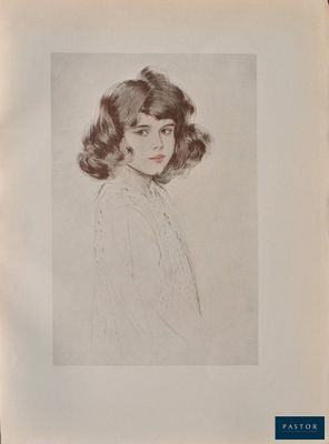 un dessin représentant une femme aux cheveux courts, vêtue d'une chemise blanche