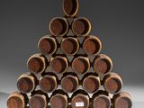 a stack of wooden barrels stacked on top of each other