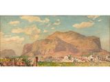an image of a painting of a mountain with a town in the background