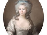 a painting of a woman in a white dress with a blue sash