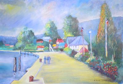 un tableau représentant des personnes marchant sur un sentier près d'un plan d'eau