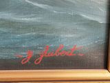 a painting of a surfer in the ocean with a red marker