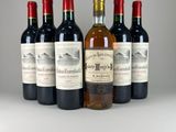 six bouteilles de vin sont alignées sur une table