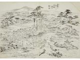 an ink drawing of a landscape with trees and bushes