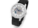 an image of a silver wrist watch with a black leather strap