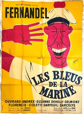 Affiche française du film « Les Bleus de la Marine », représentant un homme souriant coiffé d'un bonnet de marin