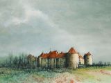 an image of a painting of a castle in the middle of a field