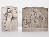 deux sculptures représentant une femme et un homme avec un bébé et un enfant