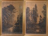 Deux tableaux représentant des arbres et une rivière sont présentés dans un cadre doré.