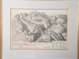 drawing of a mountain range in a gold frame with a map of the area