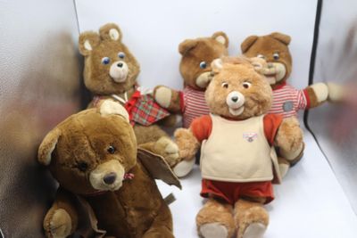 Plusieurs ours en peluche sont alignés les uns à côté des autres dans une cabine.