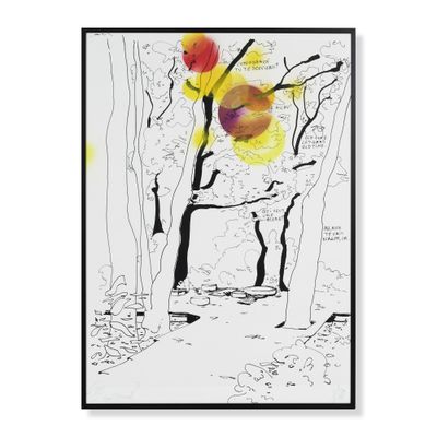 a drawing of a tree with a red flower in the middle of it