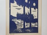 an image of a blue and white print of a castle