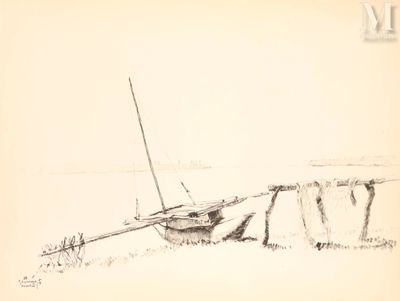 un dessin représentant un bateau amarré sur le rivage