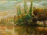 tableau représentant une scène fluviale avec des arbres et un bateau sur l'eau