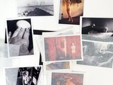 many pictures of a woman and a man on the beach