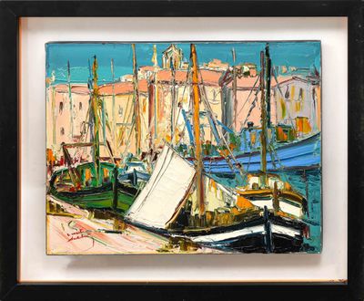 a painting of boats in a harbor with buildings in the background
