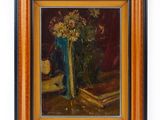 tableau représentant un vase de fleurs posé sur une table à côté d'une chaise